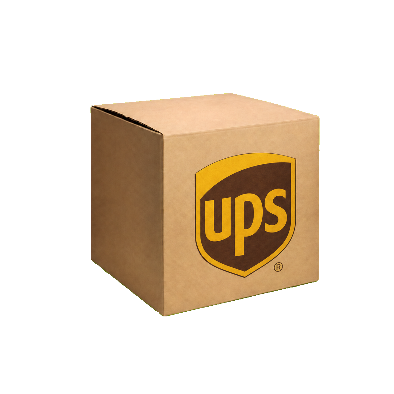 Cardboard shipping box with the UPS shield logo